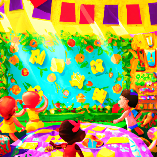 קבוצת ילדים משחקת משחק במסיבה, עם רקע צבעוני