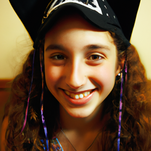 תמונת תקריב של נערה צעירה מחייכת וחובשת כובע בת מצווה