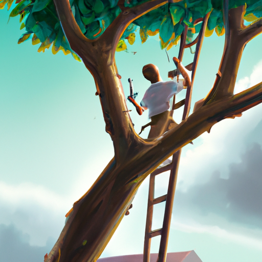 אילוסטרציה: אדם גוזם עץ גבוה באמצעות סולם ומסור גיזום