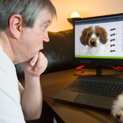 בעל כלב מודאג המתבונן בפרופילים שונים של מאלף כלבים במחשב