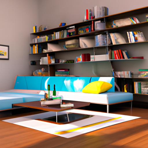 תמונה של סלון עם פריטי ריהוט חיוניים: ספה, שולחן קפה ומדף ספרים.