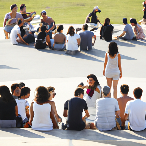 תמונה המתארת קבוצה מגוונת של אנשים הנהנים מאחד המרחבים הציבוריים החדשים של תל אביב שפותחו.