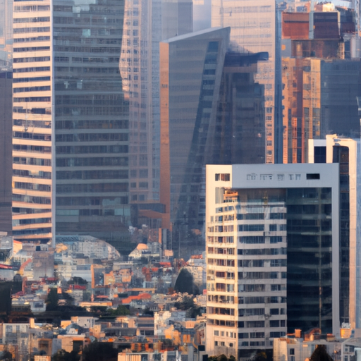 מבט אווירי של מרכז הטכנולוגיה המתהווה של תל אביב זרוע בניינים מודרניים ואלגנטיים.